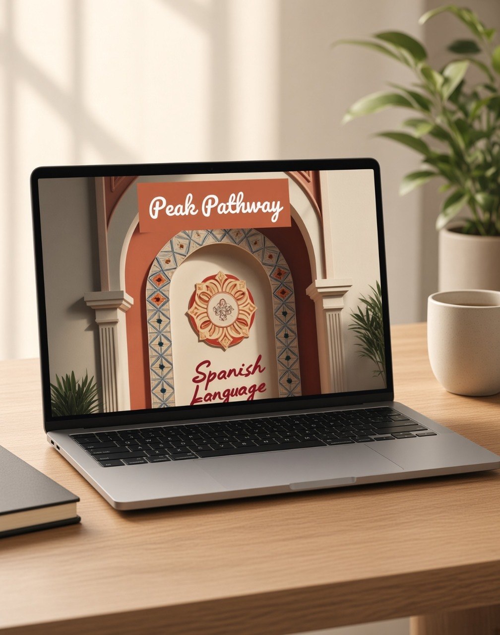 A silver laptop sits open on a wooden desk in a bright, warm room. The screen displays a course or module cover titled 'Peak Pathway Spanish Language' with an architectural arch illustration.