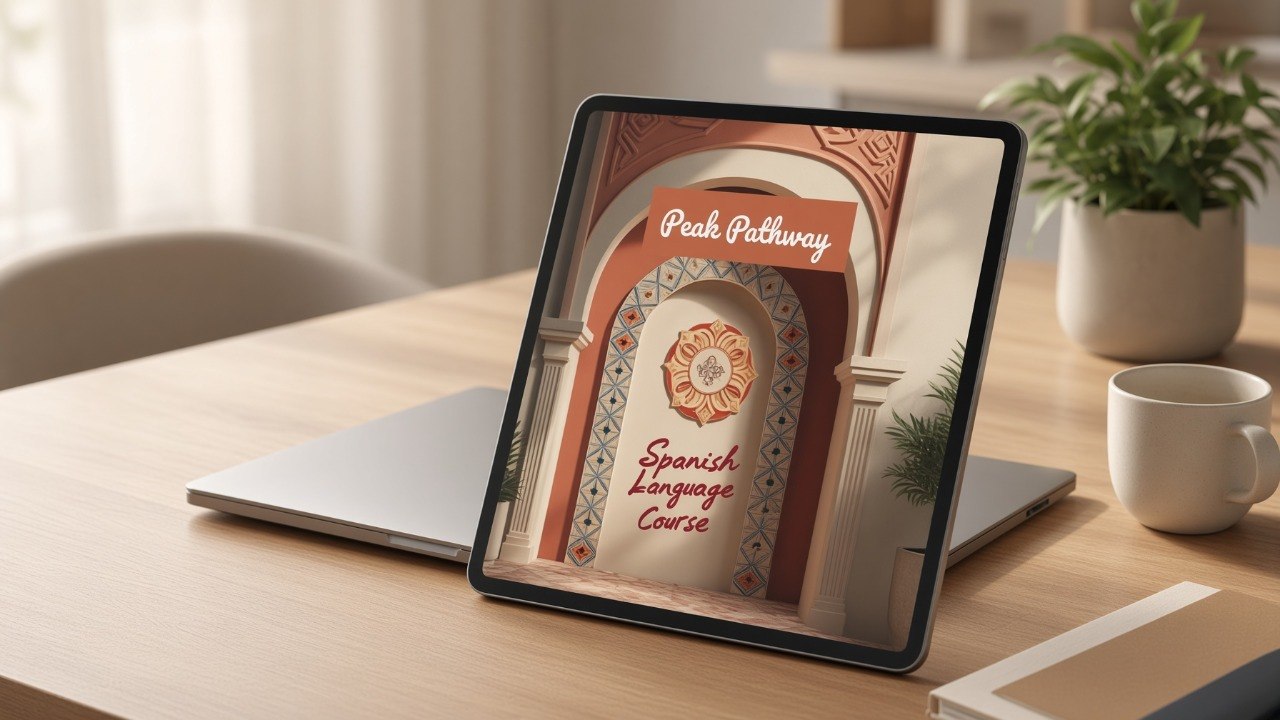 A tablet on a wooden desk displaying a Spanish language course cover titled 'Peak Pathway Spanish Language Course,' with a laptop, mug, and potted plant in a softly lit room.