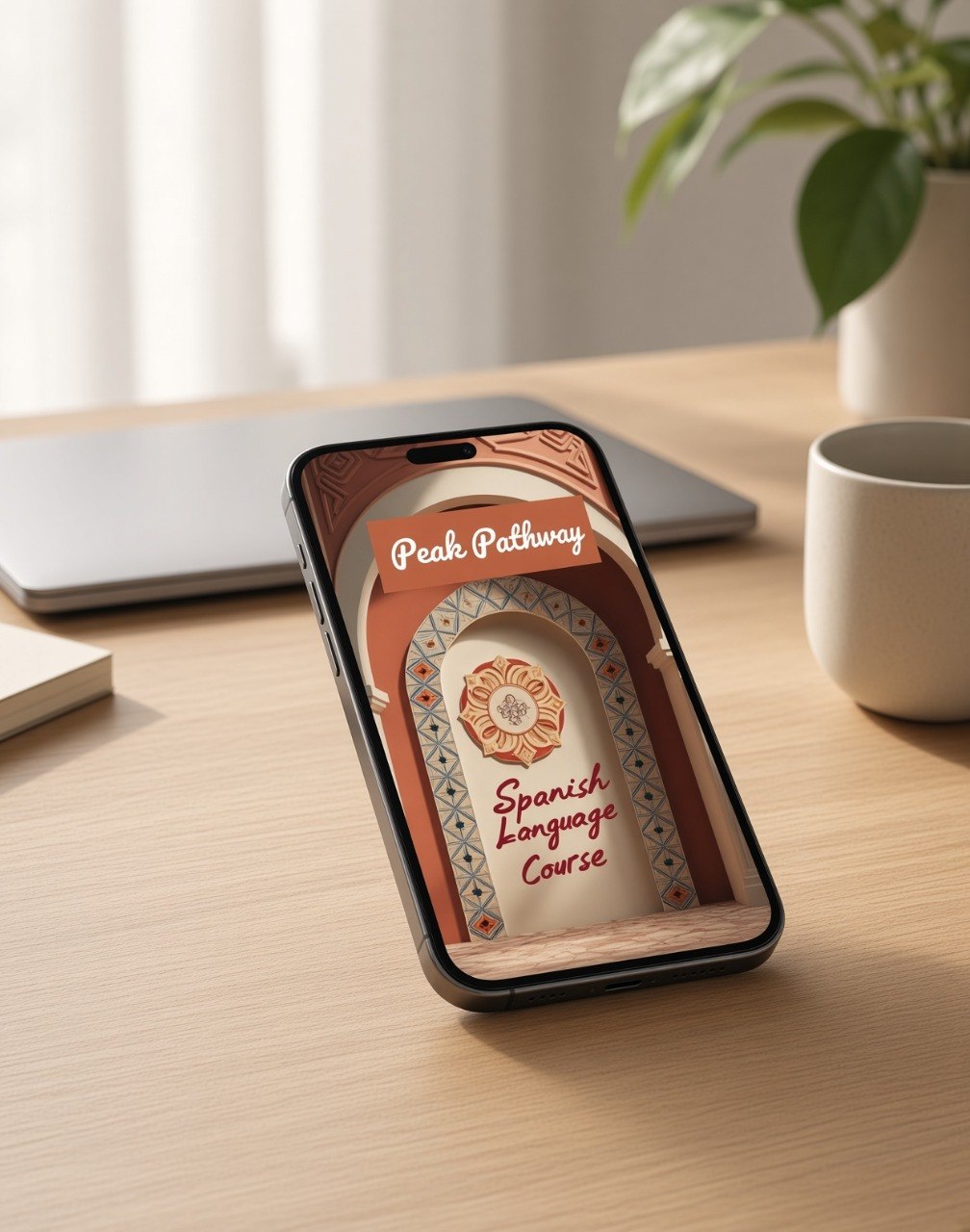 A smartphone lying on a wooden desk displays a Spanish language course cover from Peak Pathway. The scene is styled with a laptop, a ceramic mug, and a potted plant in a bright, softly lit room.