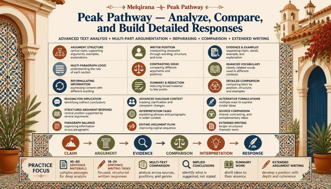 An infographic-style promotional graphic for Peak Pathway, showing a decorative architectural background with arches and potted plants, plus a large grid of text and icons explaining features such as advanced text analysis, multi-part argumentation, rephrasing, comparison, and extended writing.