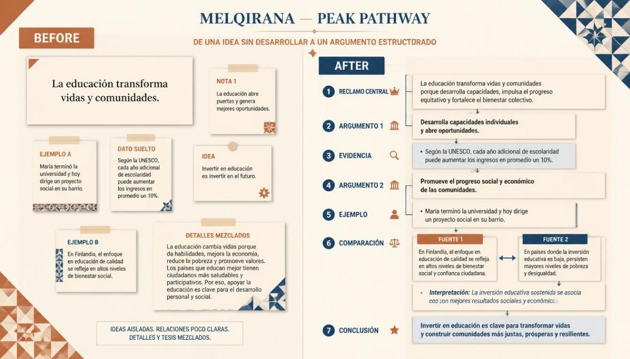 A Spanish-language infographic poster titled 'MELIQUANA - PEAK PATHWAY' comparing 'BEFORE' and 'AFTER' educational outcomes, with text blocks, arrows, and decorative geometric corner patterns.