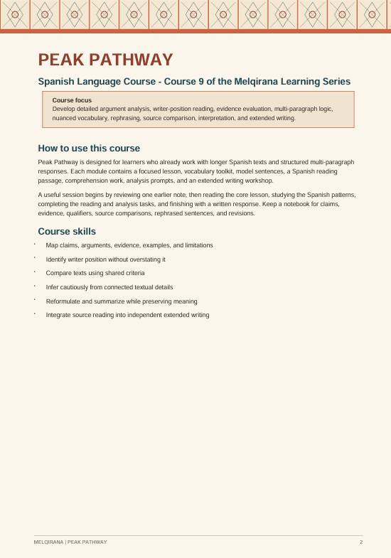 A printed or digital course overview page for Peak Pathway Spanish Language Course - Course 9 of the Melgrina Learning Series, with a beige background, red and black text, and a light tan highlighted box.