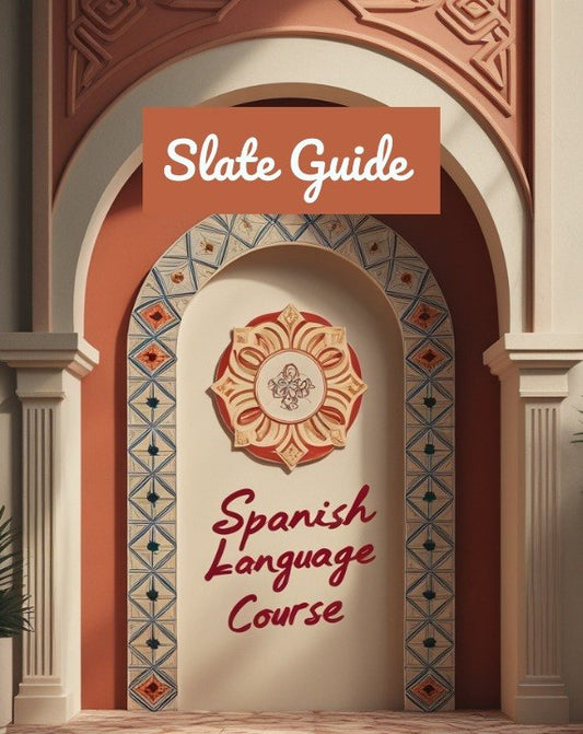 A stylized storefront-style graphic with an arched entrance, terracotta walls, decorative tile borders, and a central emblem. Large text reads 'Slate Guide' at the top and 'Spanish Language Course' below, suggesting a course or guide product.