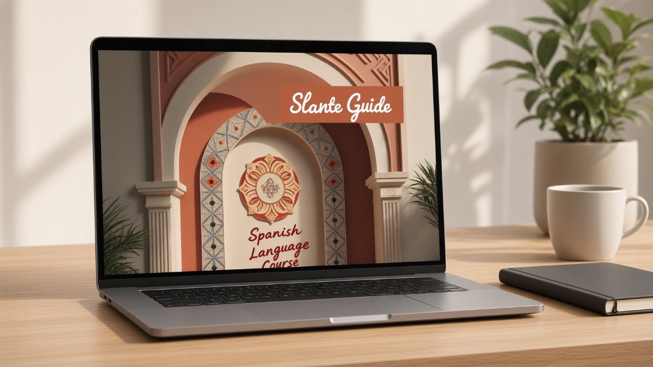 A silver laptop sits on a wooden desk displaying a digital cover titled 'Slante Guide' and 'Spanish Language Club.' The scene is styled with a potted plant, a ceramic mug, and a closed notebook in a warm, sunlit indoor setting.