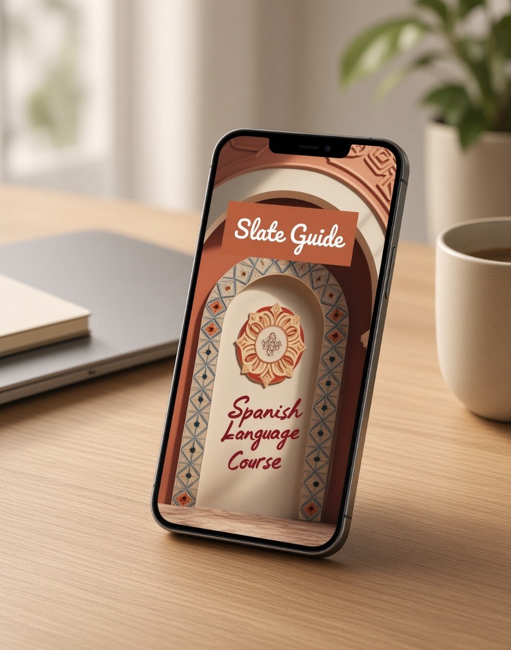 A smartphone on a wooden desk displaying a Spanish language course cover titled 'Slate Guide' and 'Spanish Language Course,' with a laptop, notebook, and coffee cup in a softly lit room.