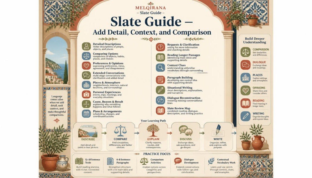 An educational infographic poster titled 'Slate Guide - Add Detail, Context, and Comparison' from Melqiorana. The poster features a warm beige background with decorative arches, columns, and potted plants, displaying various educational categories, learning paths, and comparison charts in a structured, grid-like layout.