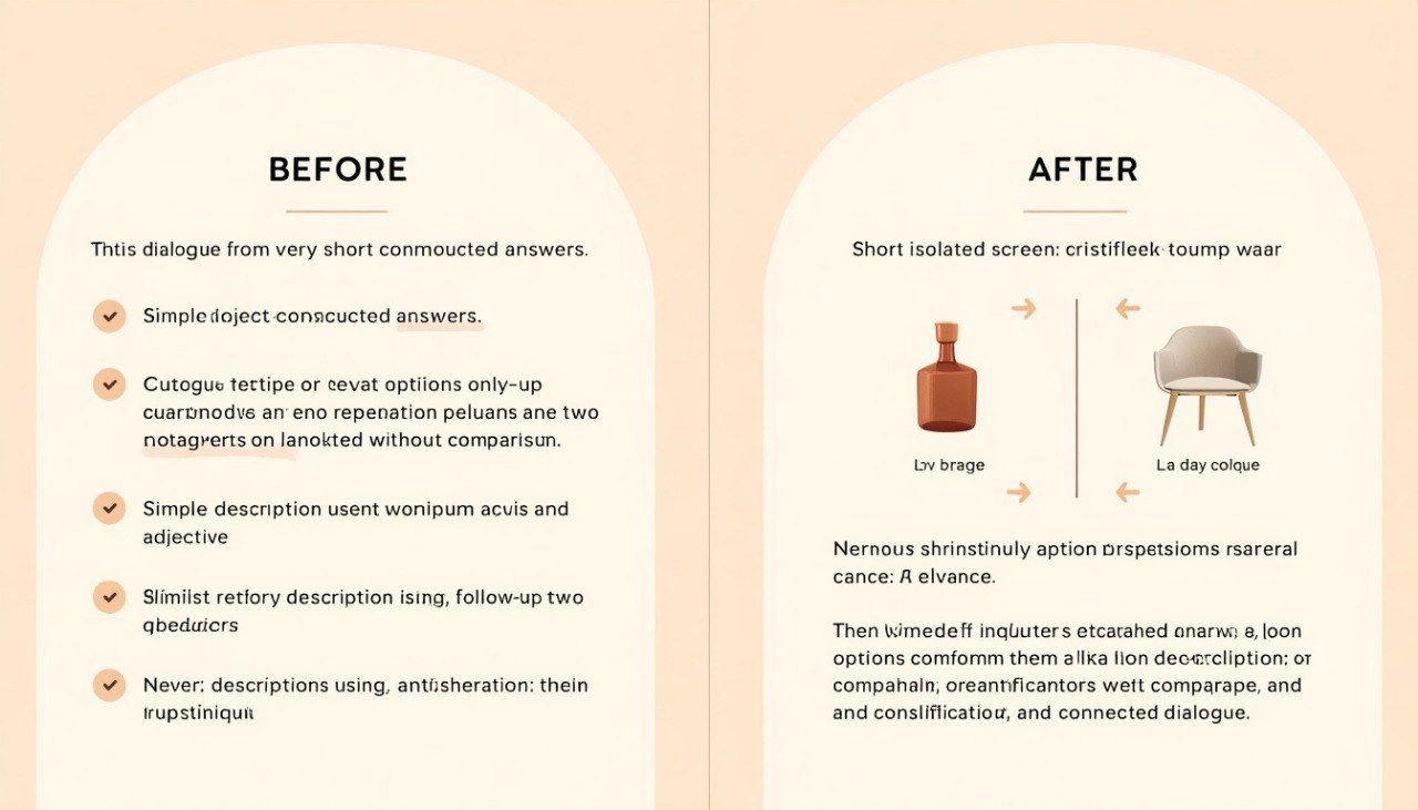 An educational comparison infographic titled 'BEFORE' and 'AFTER' on a beige background, explaining linguistic differences between classical and modern Sanskrit/English translations using a vase diagram.