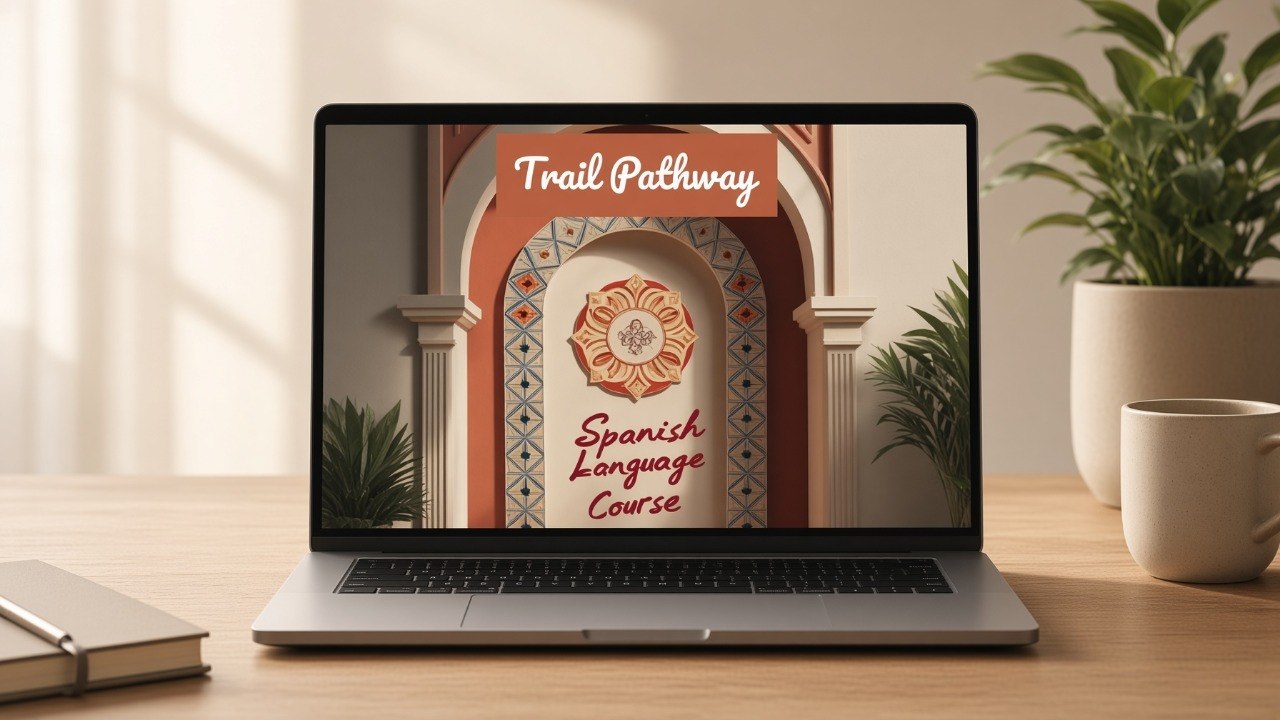 A laptop on a wooden desk displaying a course cover titled 'Trail Pathway Spanish Language Course,' with a notebook, mug, and potted plant around it in a softly lit indoor setting.