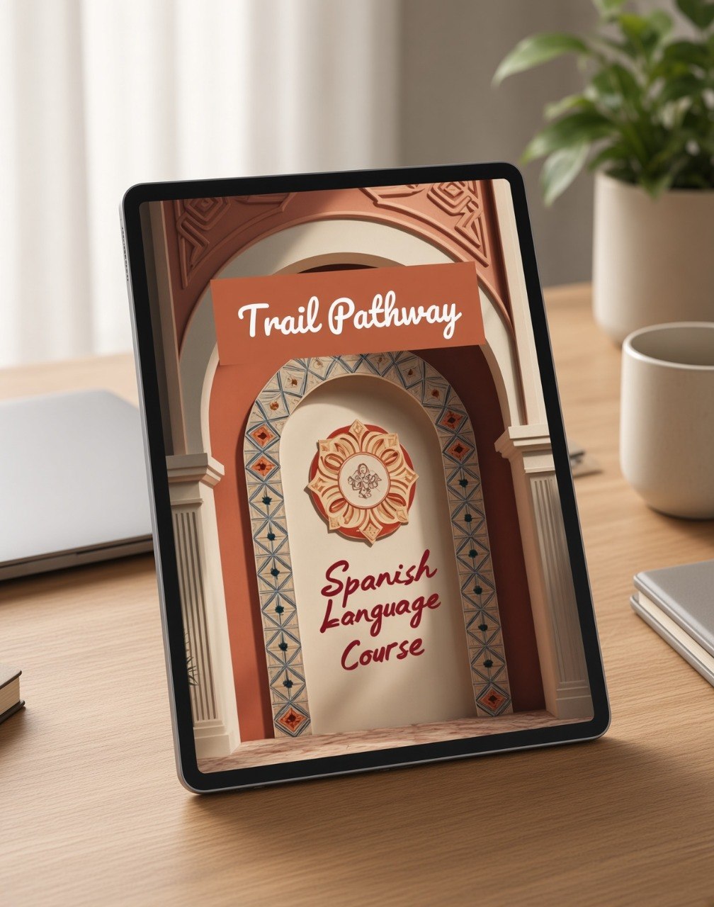 A tablet on a wooden desk displaying a Spanish language course cover titled 'Trail Pathway Spanish Language Course' with an archway illustration. The scene includes a laptop, mug, notebook, and potted plant in a softly lit indoor setting.