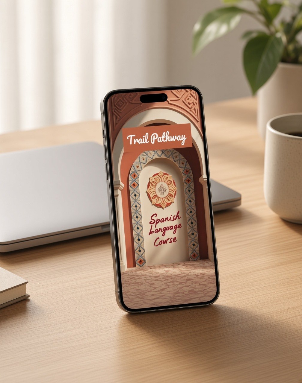 A smartphone standing upright on a wooden desk, displaying a course cover titled "Trail Pathway" and "Spanish Language Course" with an ornate arch illustration. The phone is photographed in a styled workspace setting with a laptop, mug, and plant in the background.