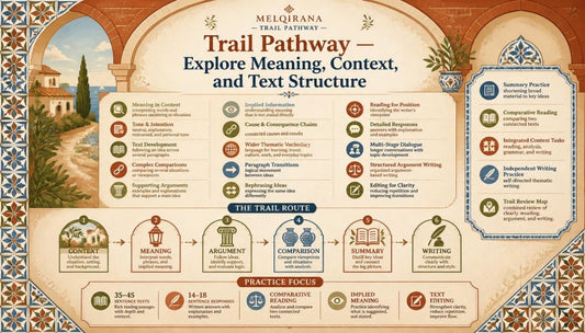 An educational poster titled 'Melqirana Trail Pathway' designed with a classical Mediterranean theme, featuring illustrations of stone arches, columns, and a landscape. The poster is divided into sections for 'Meaning', 'Context', 'Argument', 'Composition', 'Summary', and 'Writing', complete with icons, text, and practice exercises.