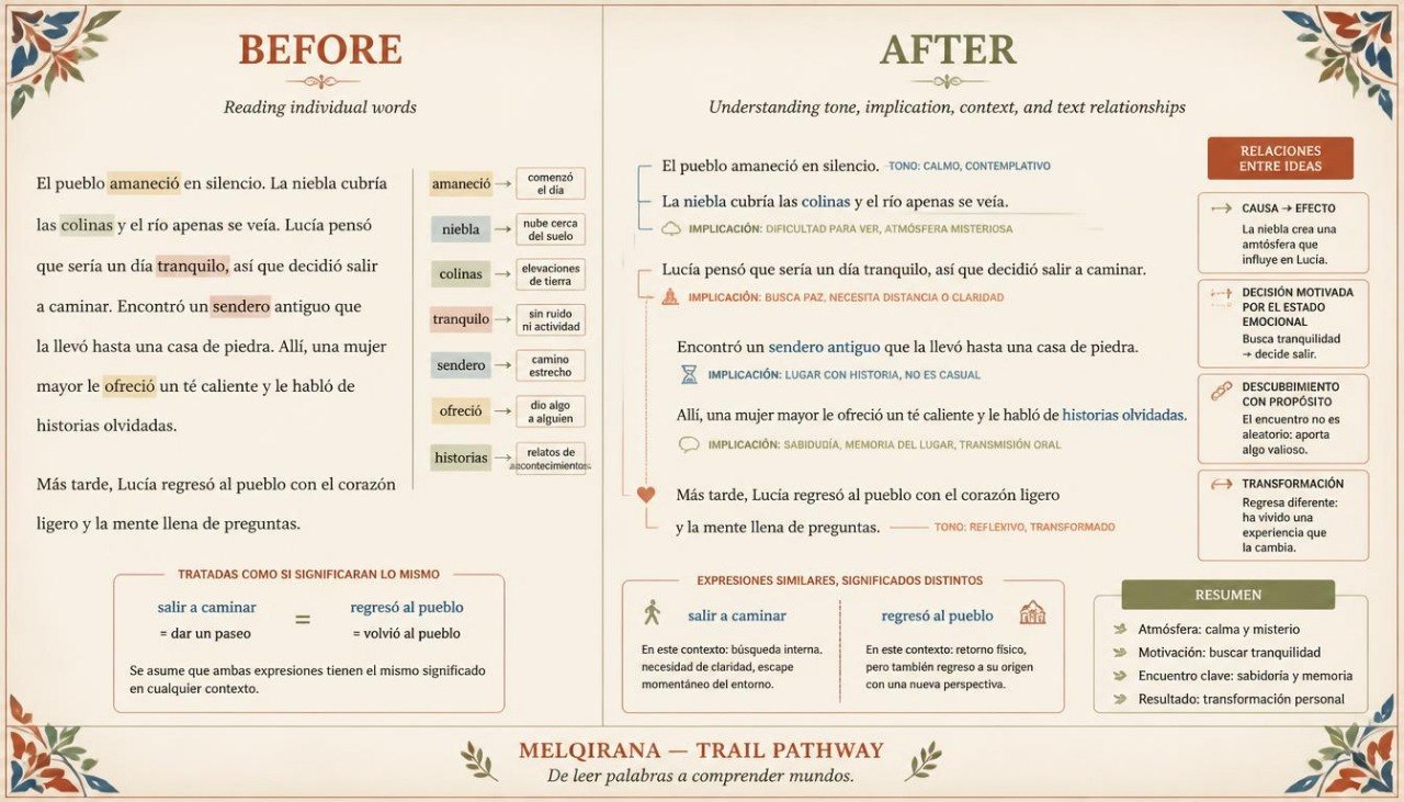 A Spanish educational poster titled 'BEFORE' and 'AFTER' about Melqiora - Trail Pathway, featuring text, vocabulary lists, and illustrative diagrams on a cream background with decorative borders.