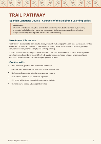 A page from a Spanish language learning course booklet titled 'TRAIL PATHWAY' with a red heading, black body text, and a light tan box outlining course focus and skills. The page has a decorative orange border at the top and bottom.