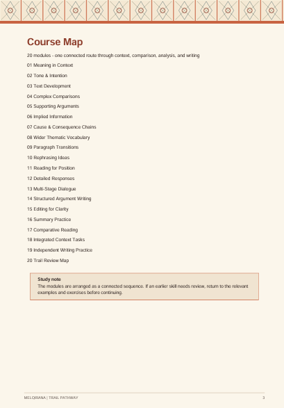 A page from a road test study guide titled 'Course Map' for the MCI/DRIVEMA TRAIL PATHWAY, displaying a numbered curriculum outline and a 'Study note' box on a beige background with a small orange geometric border at the top.